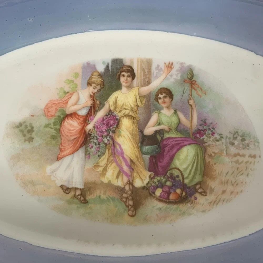 Vintage Bavaria Schumann Oval Serving Bowl 11.5” 3 Women Goddesses Open Edge